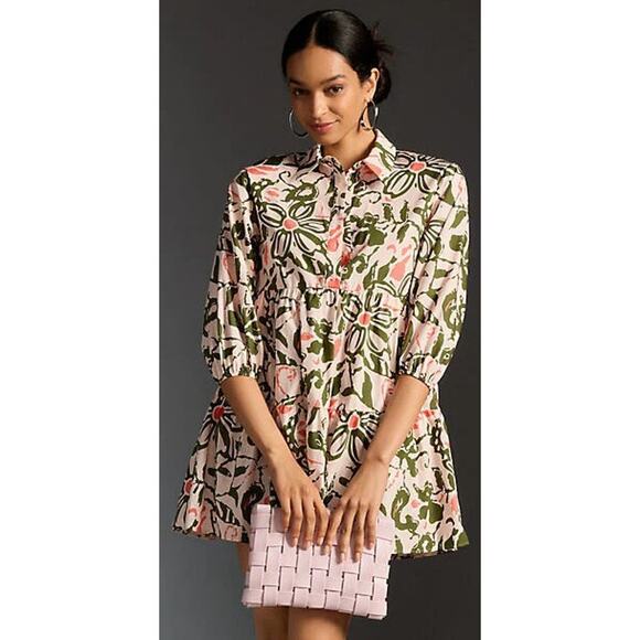 Anthropologie Dresses & Skirts - NWT Anthropologie Maeve Bettina Tiered Mini Shirt Dress Pink Green Petite Small